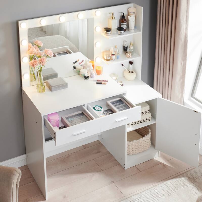 Modern Vanity Desk with Mirror, Lights and Storage