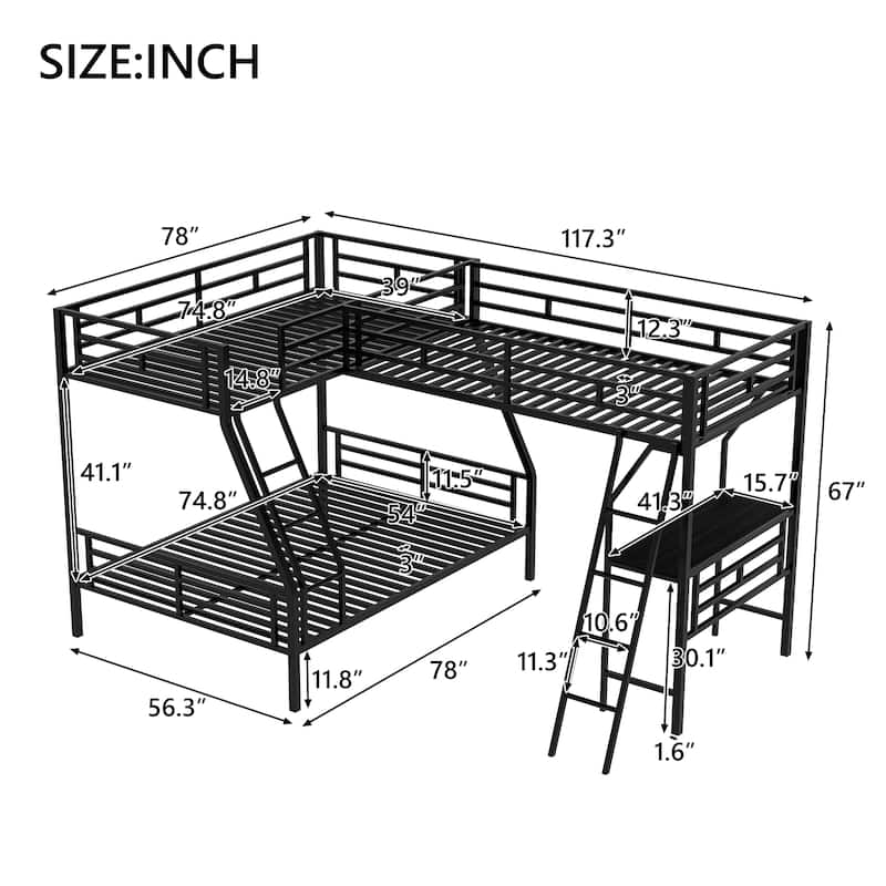 Twin over Full Metal Bunk Bed with Desk and 1 Extra Twin Loft Bed