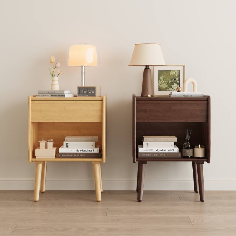 Nightstand With Drawer And Open Compartment, Solid Wood Legs
