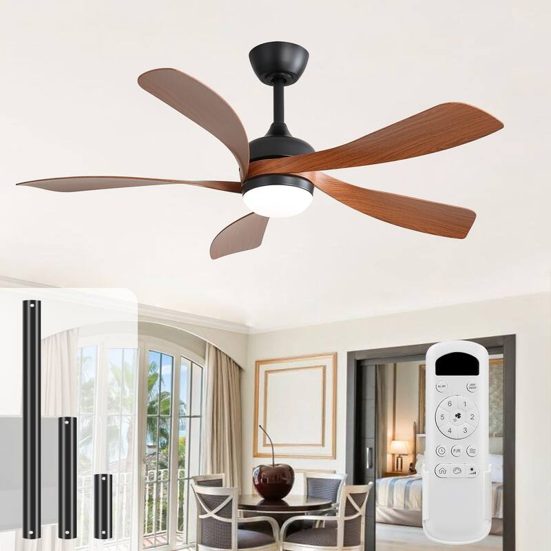 Sofucor 38"/52" Farmhouse Style Wood Walnut / ABS Blades Ceiling Fan With Lights and Remote Control, Dimmable LED Optional - 52"-With Light - Black with Deep wood grain ABS Blades