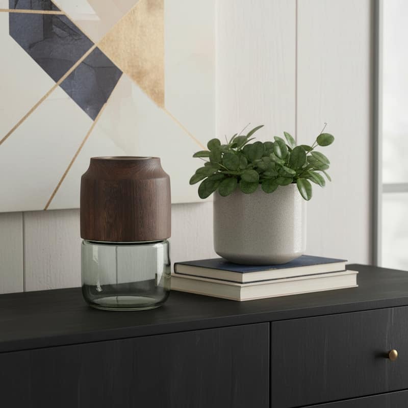 9" Brown And Sage Glass Cylindrical Table Vase With Wood - 5.50 - Brown/Sage - 5.50