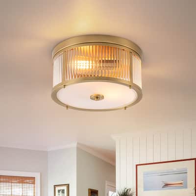 Modern Industrial 2-Light Drum Flush Mount with Ribbed Glass Shape - Brass