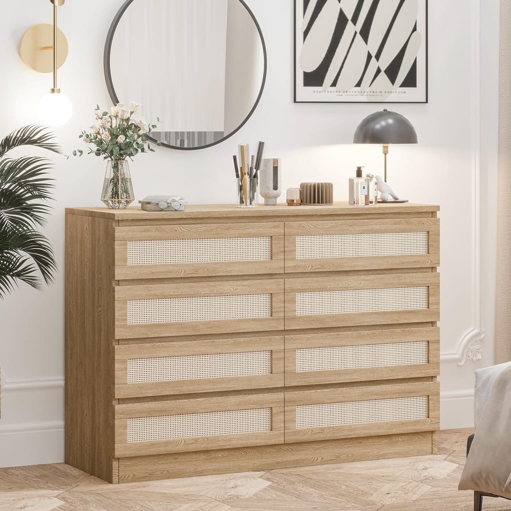 Rattan Dresser for Bedroom, Closet, Wooden Dresser with 8 Drawers, Modern Chest of Drawers with Large Storage