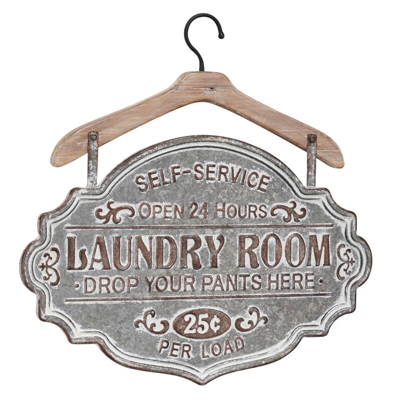 Gray Metal Laundry Room Sign Home Wall Decor with Brown Wood Hanger