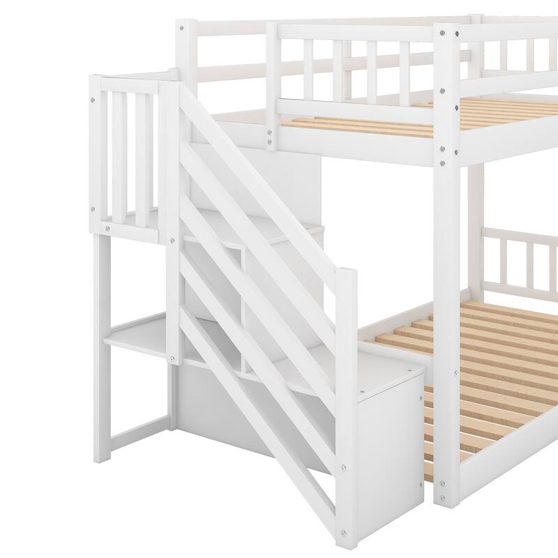 Twin Over Twin Floor Bunk Bed with Storage Stairs, Solid Pinewood Bunkbeds w/Safety Guardrails, No Box Spring Needed, Noise Free