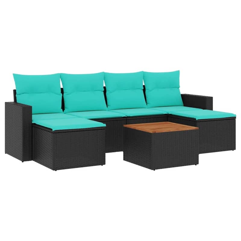vidaXL 7 Piece Patio Sofa Set with Cushions Black Poly Rattan - 21.7" x 24.4" x 27.2"