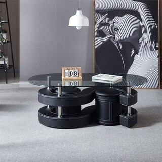 Black coffee table glass tea table 2 leather stools table - Bed Bath ...