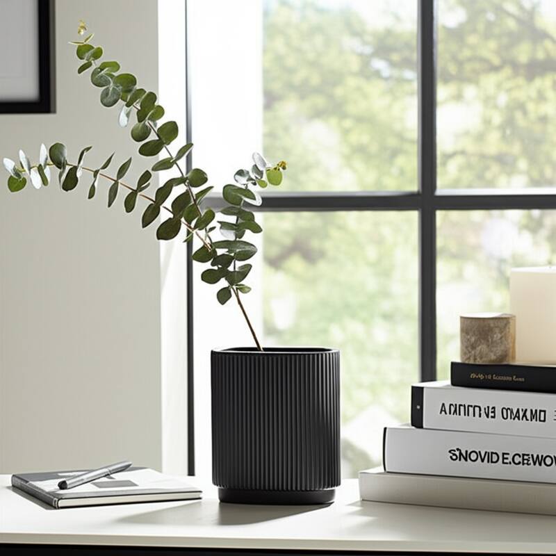 Ceramic Modern Ridged Decorative Vase - Black, 8" - Black - 8.0"