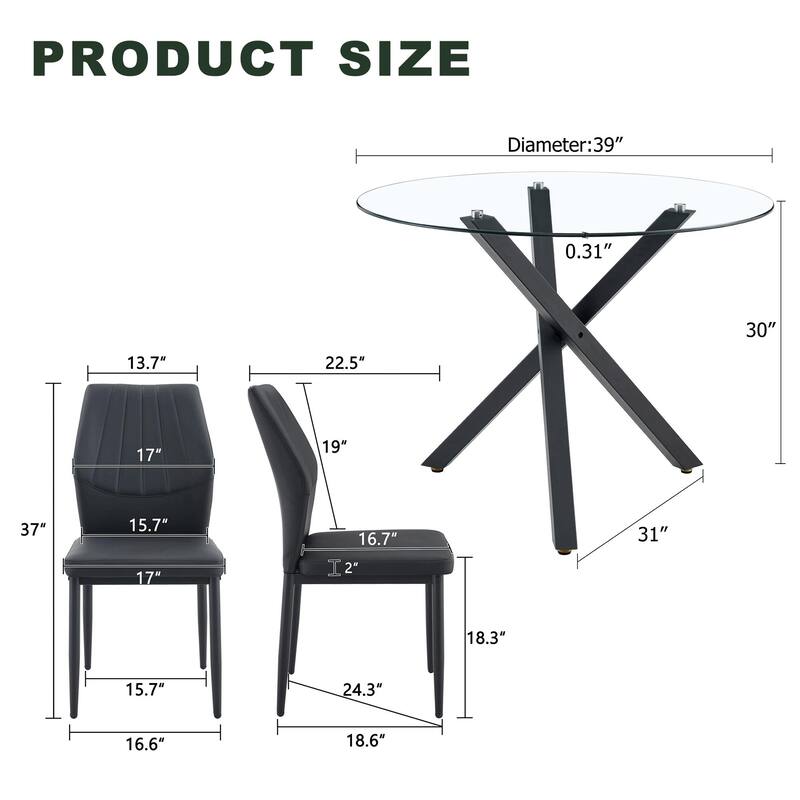 Modern 5-Piece Round Glass Dining Table Set for 4, Luxury Kitchen Table and Chair Set for 4, 39" Circle Table with 4 PU Chairs