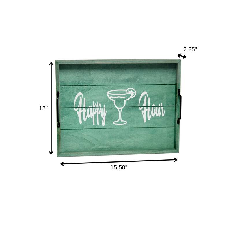 HomeRoots 16" Aqua And White Happy Hour Serving Tray With Handles - 15.50 in. x 2.25 in. x 12.00 in.
