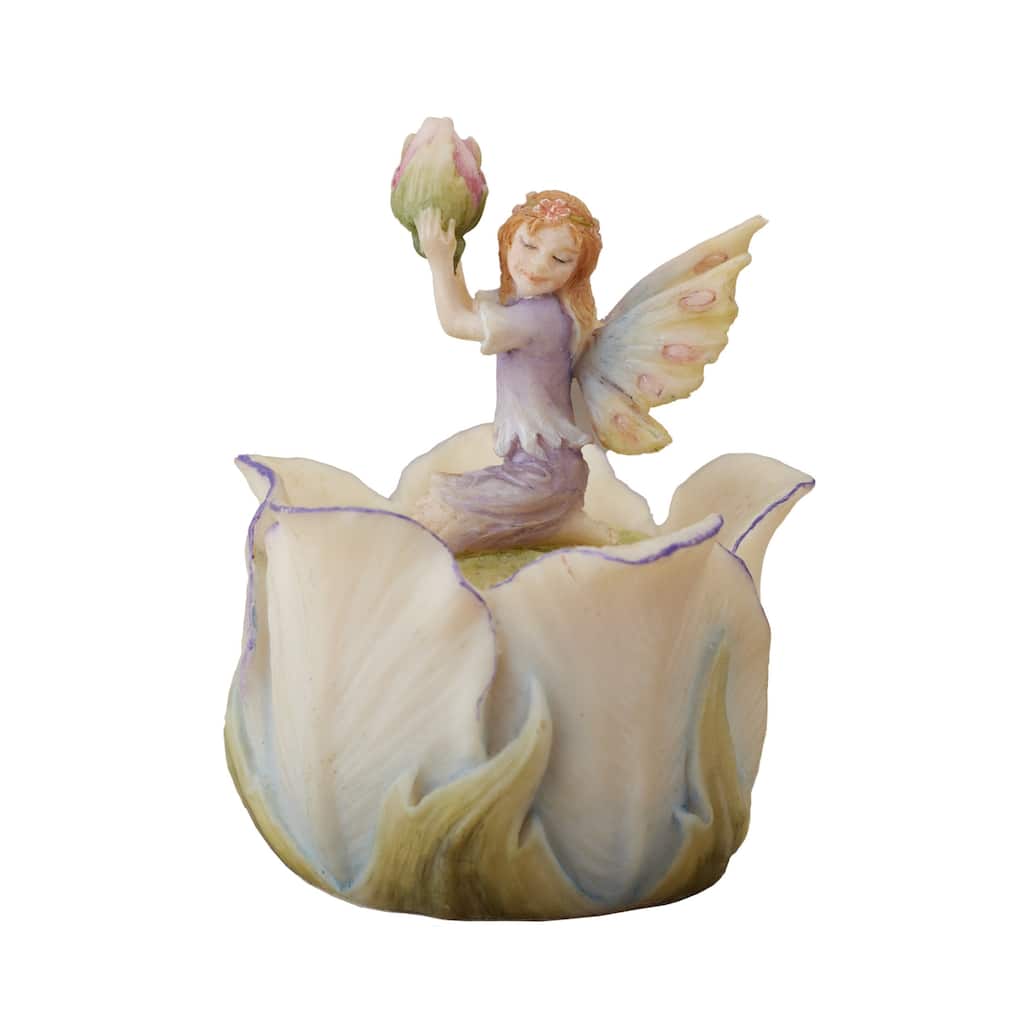 Charis 2.36" height Little Fairy Kneeling On Tulip Trinket Box Poly Resin
