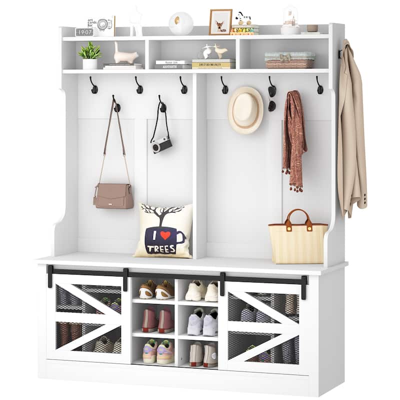 Moasis Modern Farm House Barn Door 3-In-1 Hall Tree - 59"L x 15.3"W x 68.1"H