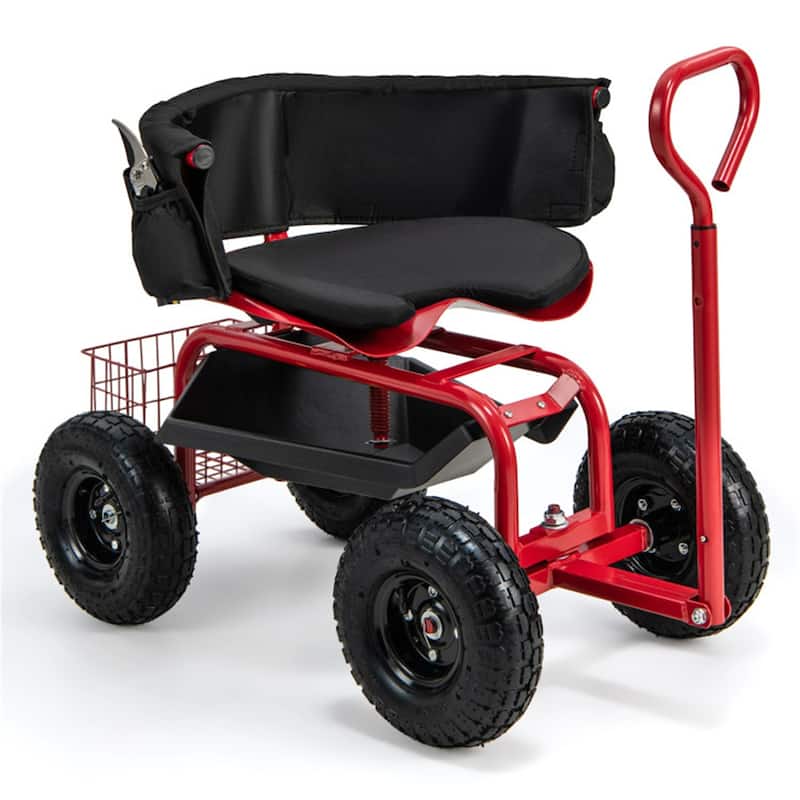 Adjustable Rolling Garden Cart with 360-Degree Swivel Seat Heavy-Duty Metal Frame Storage Basket - 35.5" x 24" x 23.5"-27"