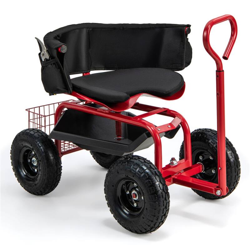 Adjustable Rolling Garden Cart with 360-Degree Swivel Seat Heavy-Duty Metal Frame Storage Basket - 35.5" x 24" x 23.5"-27" - Red