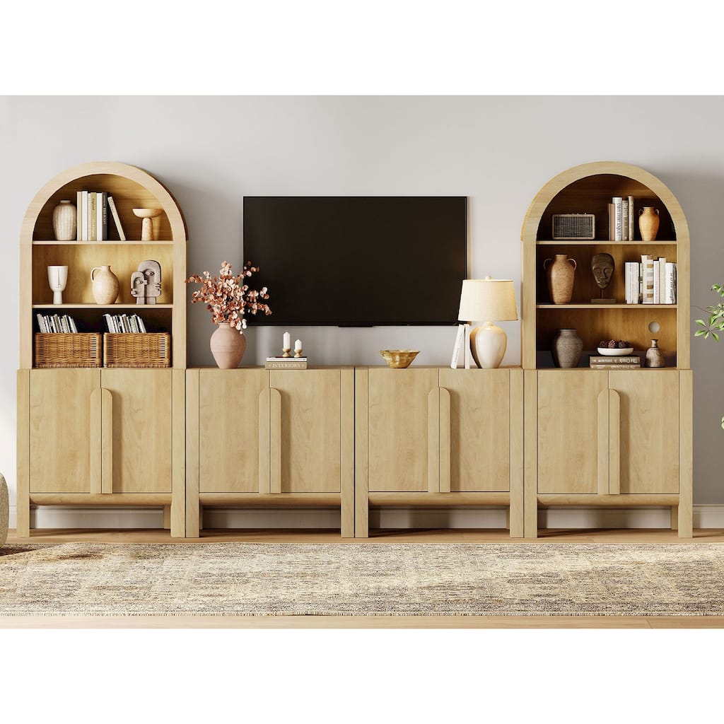 126" Mid-Century Modern TV Stand with Bookshelves for Tvs Up to 70", Large Entertainment Center with Storage Cabinet and Doors