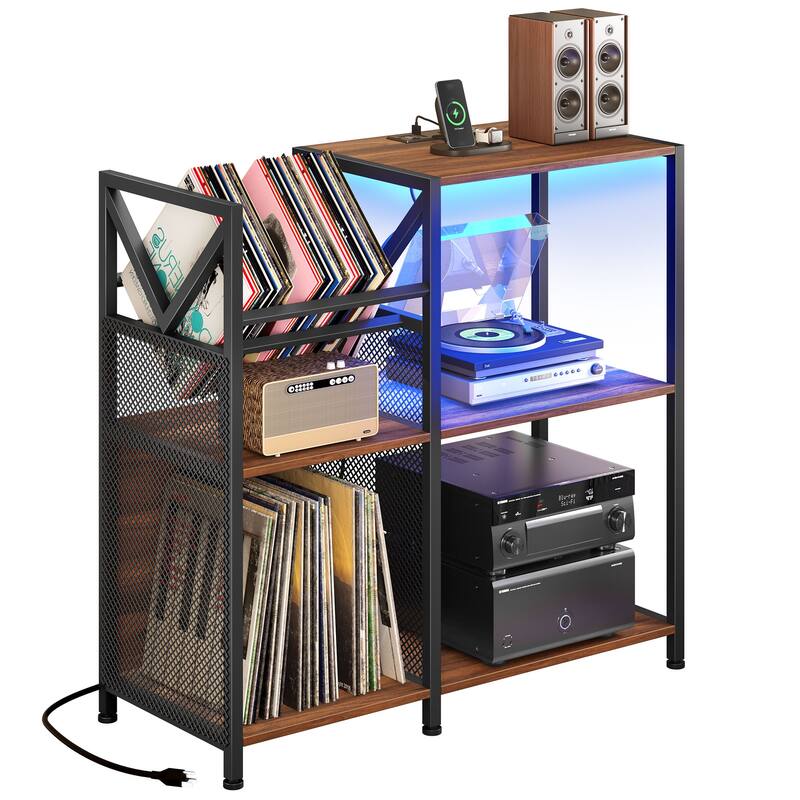 Moasis 3 Tier Record Player Stand with Power Outlets & LED Light - Brown