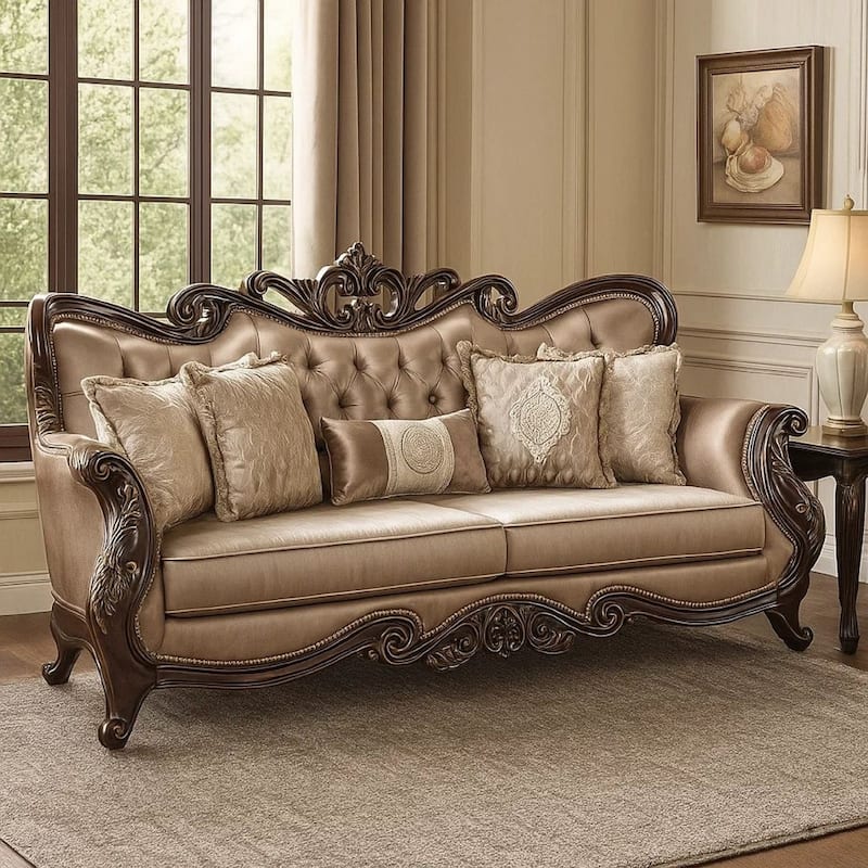 Aboi Sofa w 5 Pillows, Brown Velvet, Carved Dark Cherry Wood, 95 Inch