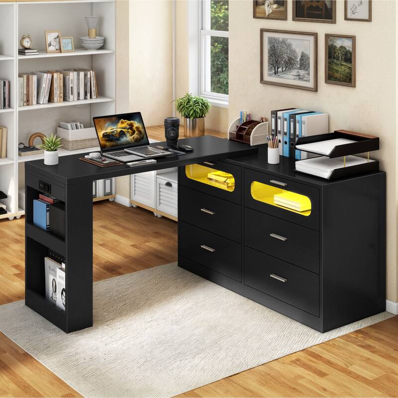Moasis Modern L-Shaped Corner Rotating Computer Desk Dresser Desk with 6 Drawers