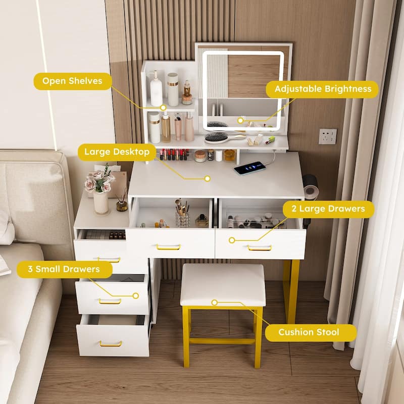Modern Vanity Desk with LED Mirror, 5 Drawers, Power Outlet & Metal Chair, Makeup Table with Shelves for Bedroom