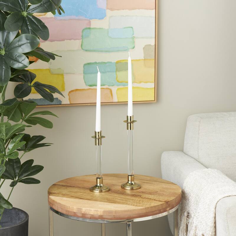 Stainless Steel Metal Decorative Candle Holder with Clear Glass Center - Set of 2 Gold or Silver - Roche River Decor