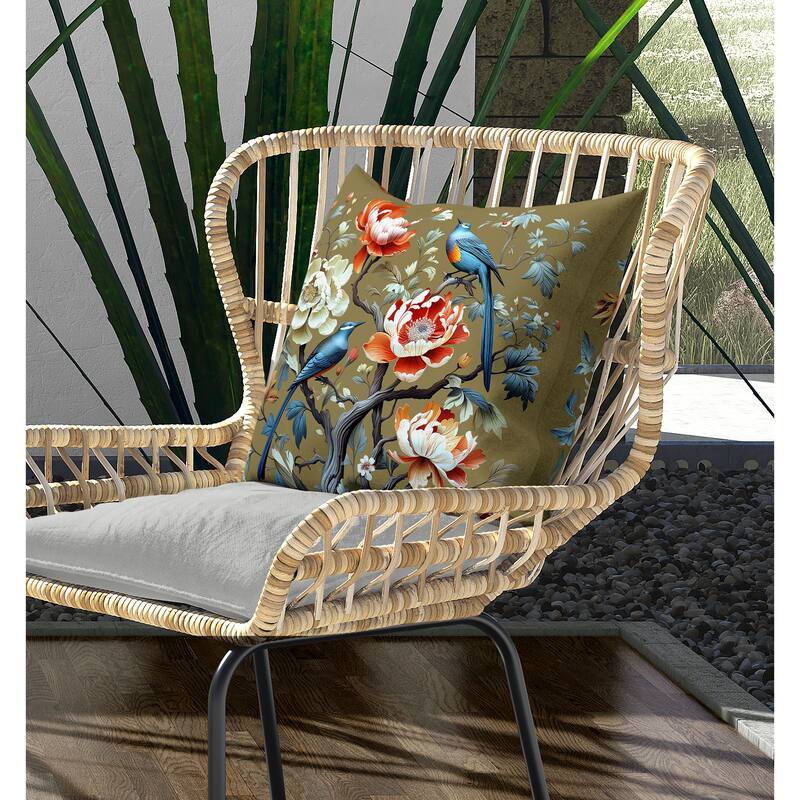 Botanical Bird Ensemble Broadcloth Pillow With Removable Cover in Blue Orange Green