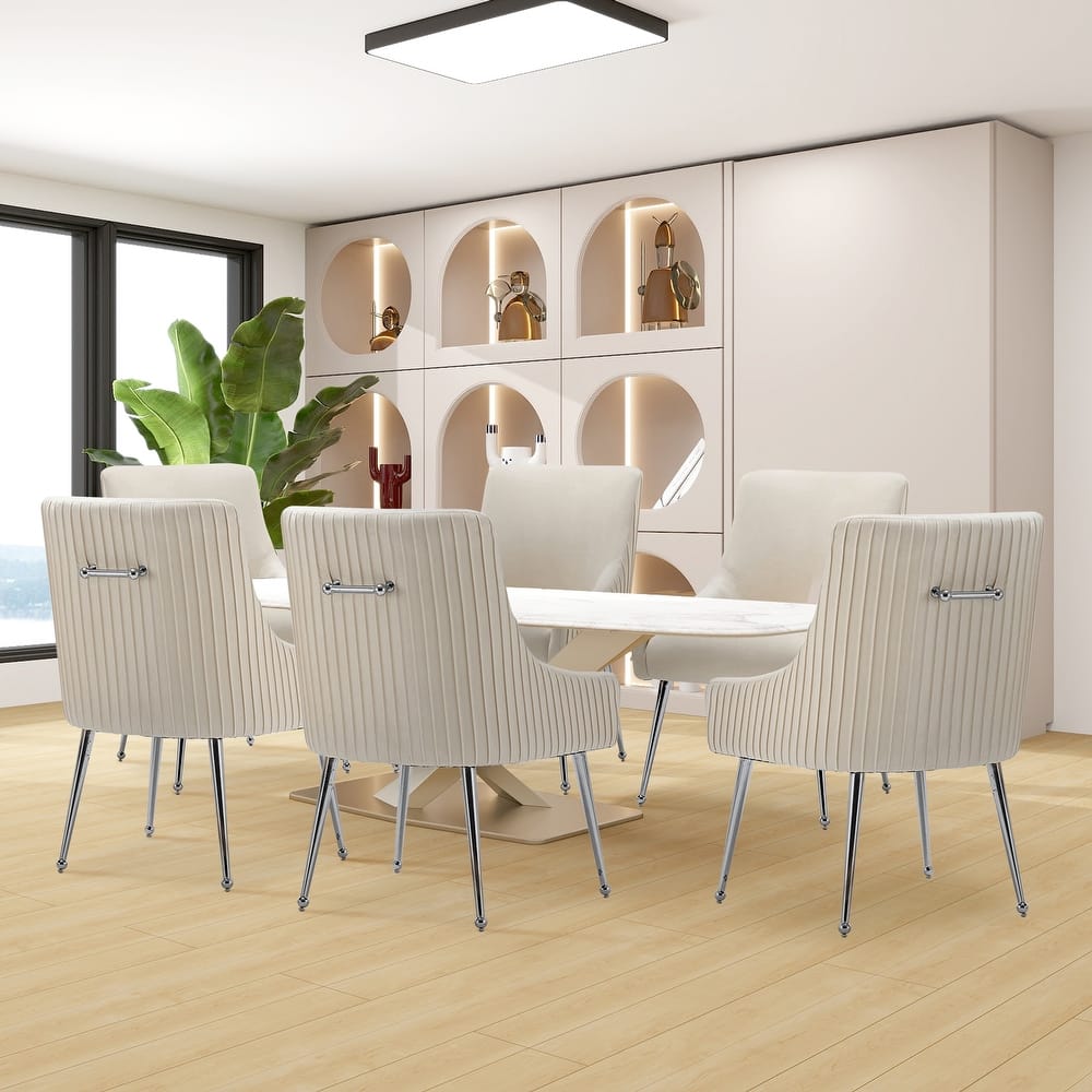 SEYNAR Modern Velvet Pleated Finish Back Dining Chair Set of 6 with Rear Handle