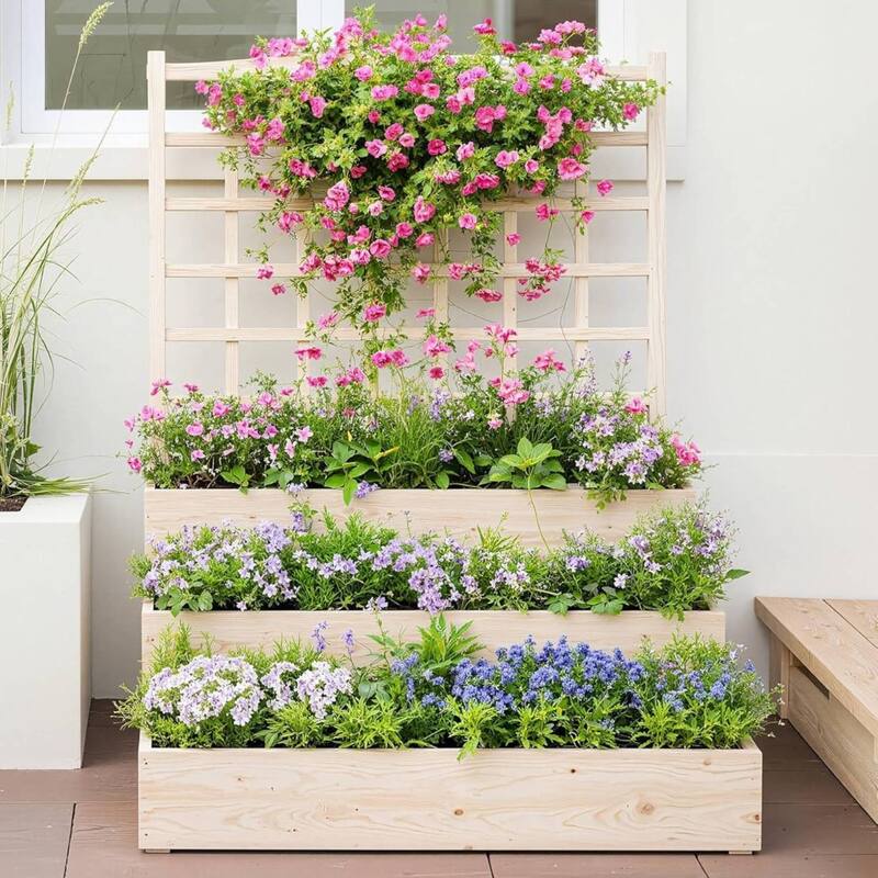 3-Tier Raised Bed, Garden Planter Box with Climbing Trellis - 1 PC - Yellow