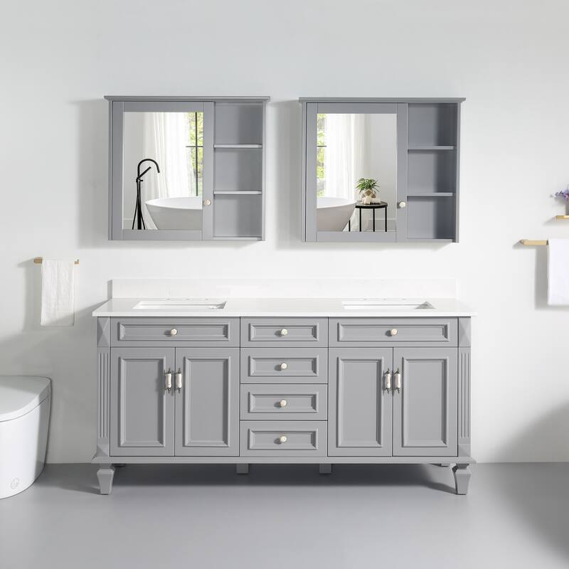 35'' H Solid Wood Bath Vanity with Stain-resistant Carrera White Quartz Top and Double Sink - Titainum Grey-72"W