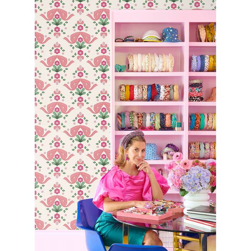 Lele Sadoughi Bow Damask Pink Peel & Stick Wallpaper
