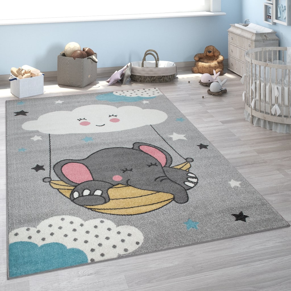 Kids Rug for Nursery with Cute Elephant and Cloud Motif in Grey