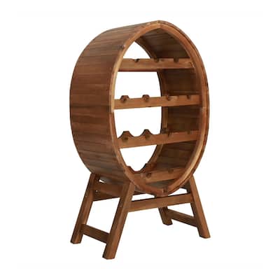 Oval Wine Rack, 13 Bottles, 35 Inch Tall Brown Solid Acacia Wood Frame