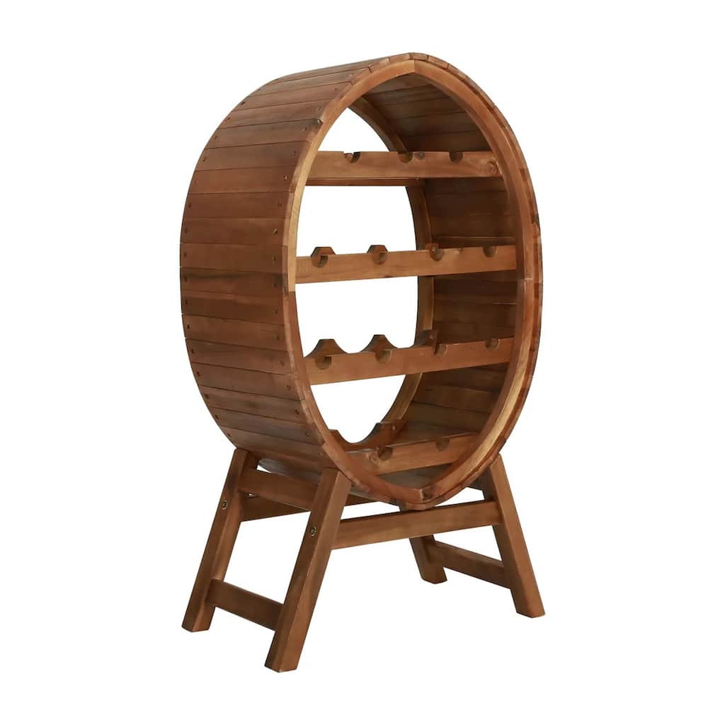 Oval Wine Rack, 13 Bottles, 35 Inch Tall Brown Solid Acacia Wood Frame