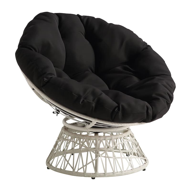 Papasan Chair with Round Pillow Cushion and Cream Wicker Weave - Black