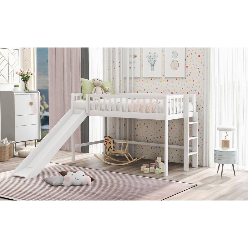 Low Loft Bed Toddler Bed Kids Bed with Slide and Ladder