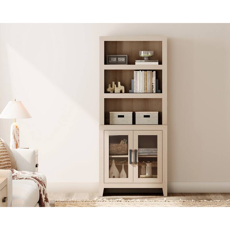 WAMPAT 3 Tier Bookshelf with Glass Door, 74" Tall Bookcase with Adjustable Shelf and Storage Cabinet, Farmhouse Wooden Bookshelf