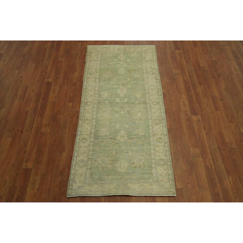 Vegetable Dye Green Oushak Turkish Rug, Floral Geometric - 6' 1'' X 2' 9''