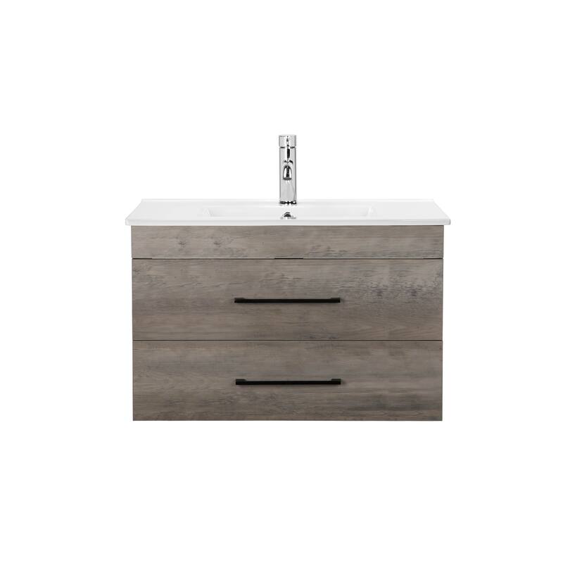 32" Grey Wall-Mounted Bathroom Vanity with Double Drawers,White Sink