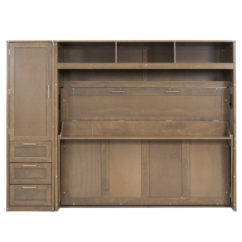 Full Size Murphy Bed with Wardrobe,Drawers and Open Shelves