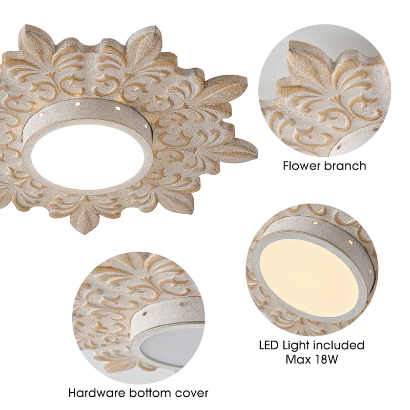 Boho 21.6-Inch Distressed White Wood Flush Mount Ceiling Light, 3CCT Dimmable - 21.6 in. D x 21.6 in. W x 3 in. H