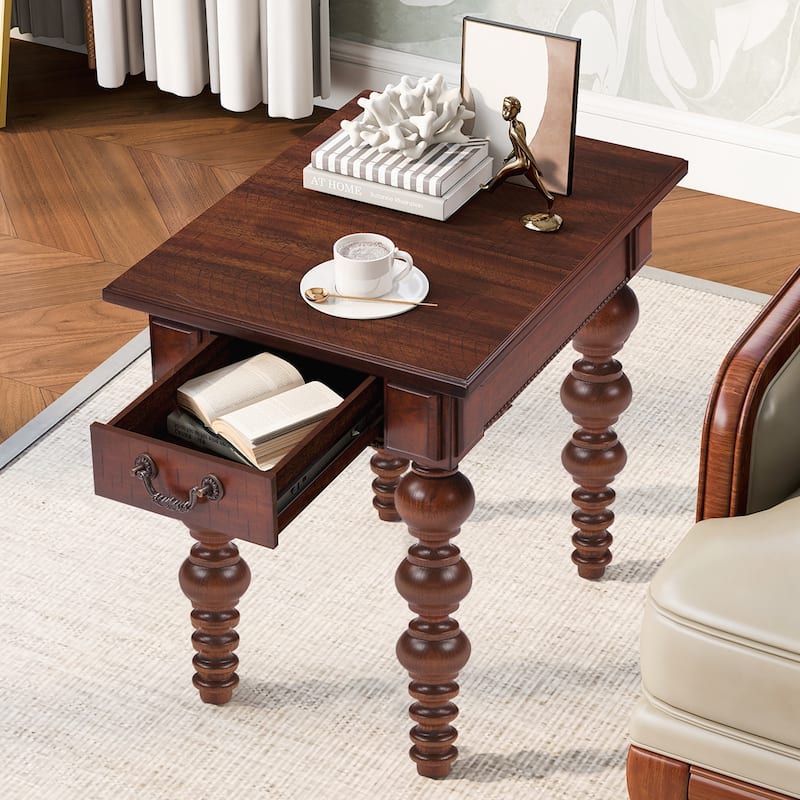 Solid Wood End Table with Drawer, Easy Assembly Vintage Narrow Sofa Side Table for Living Room - Walnut