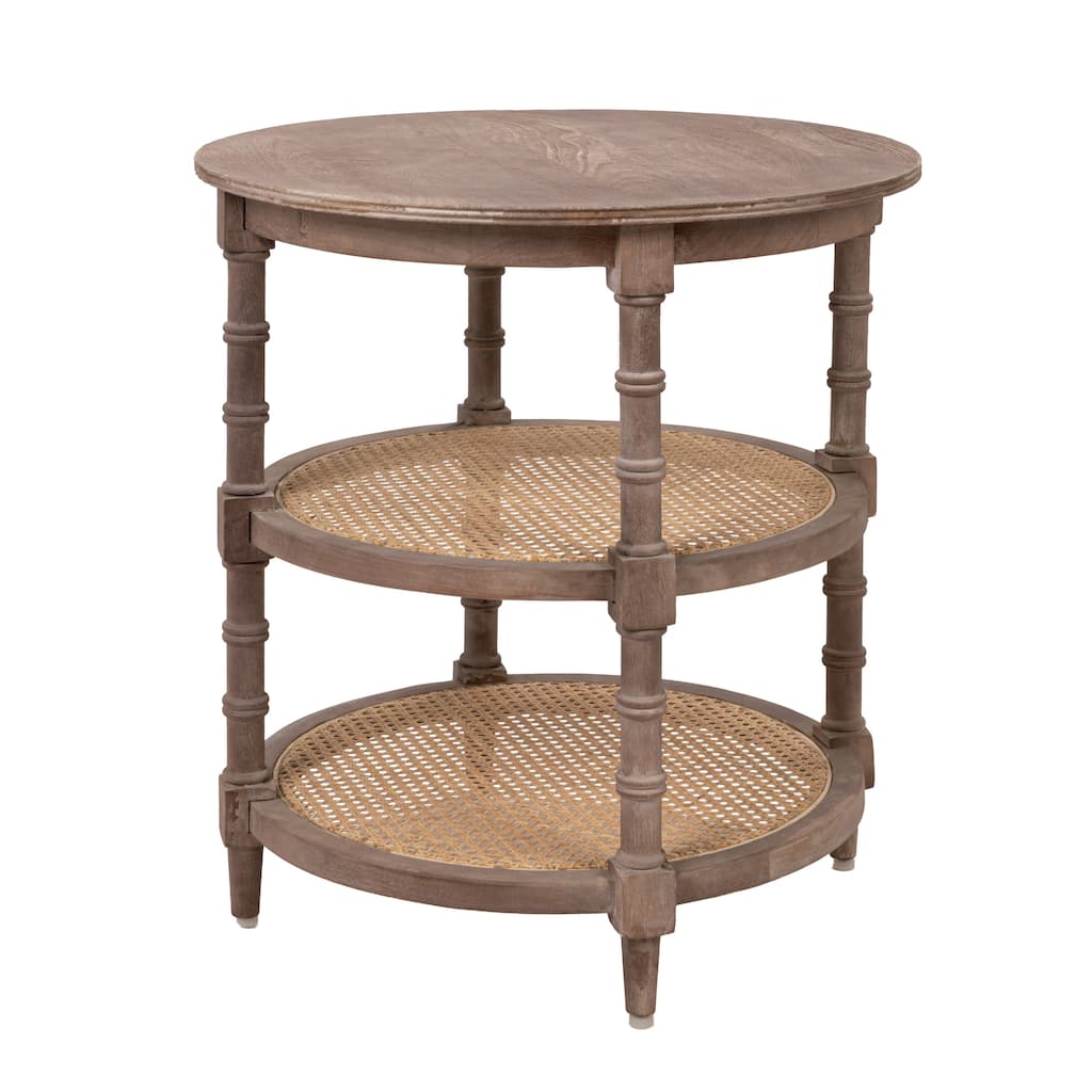 Round Mango Wood Table with 2 Cane Shelves