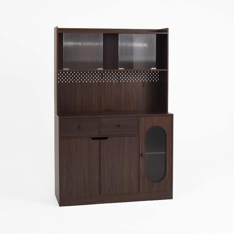 71" Tall Kitchen Pantry Cabinet with Reeded Glass Doors, Microwave Stand and Storage Shelves, Freestanding Bakers Rack Sideboard
