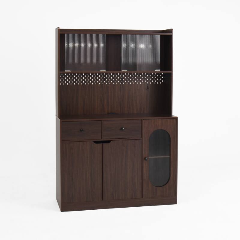 71"Tall Kitchen Pantry Storage Cabinet, Large Capacity Display Cabinet with Reeded Glass Doors and Microwave Stand