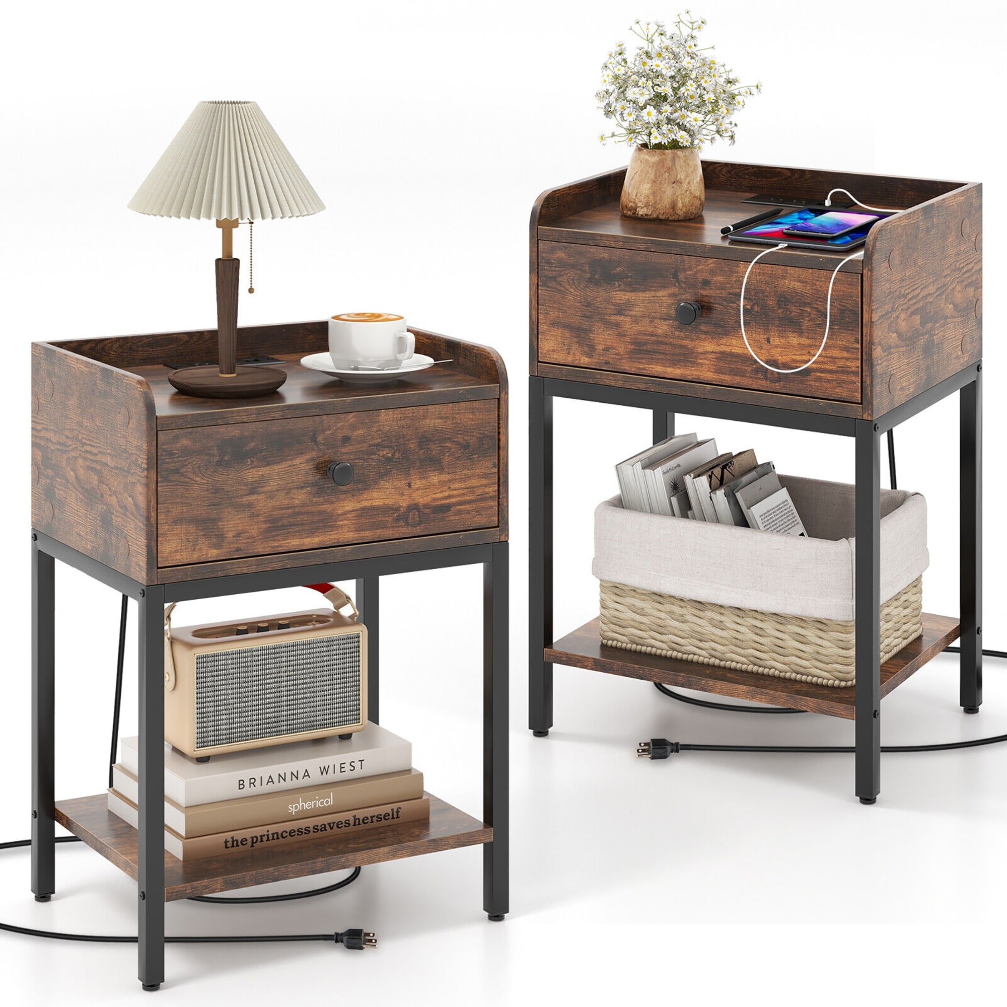 Gymax 2 PCS Nightstand Side End Table w/ Charging Station Drawer Open