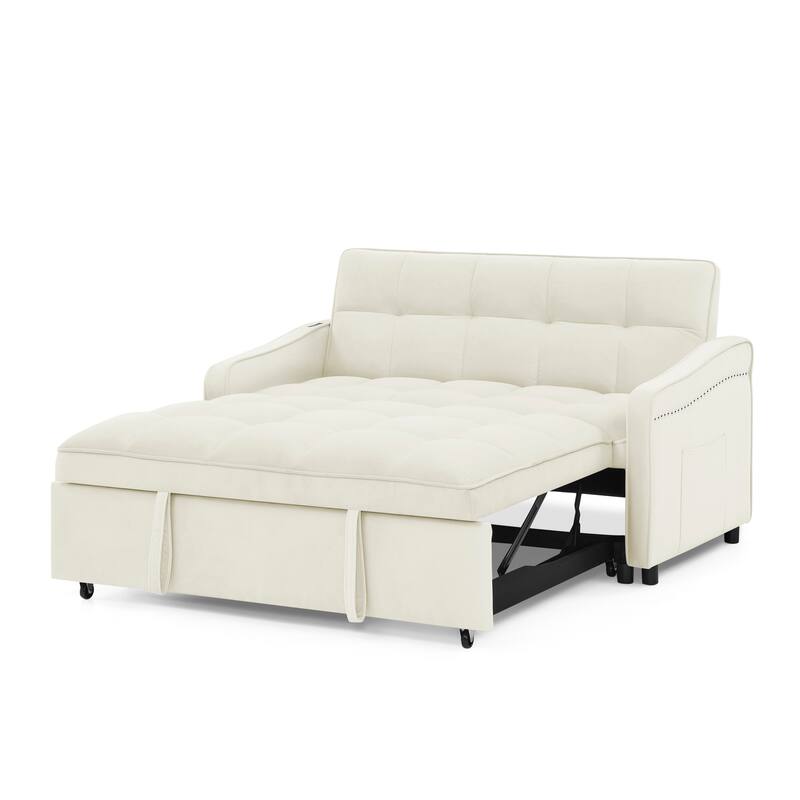 Velvet Sofa Bed with Pull-Out Sleeper and USB Charging Ports for Living Room or Guest Room