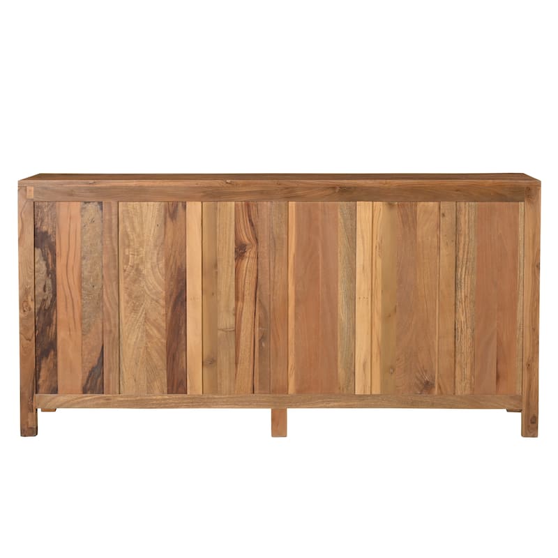 HomeRoots 71" Brown Solid Wood Carved Geometric Sideboard with Four Doors - 71.00 in. x 36.00 in. x 17.00 in.