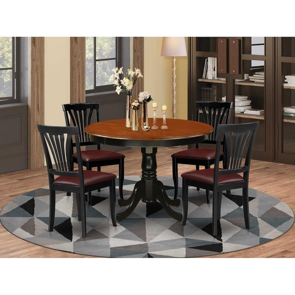 HomeStock 5-Pc Round Black and Cherry Finish Solid Wood Top Dining table with 4 Chairs