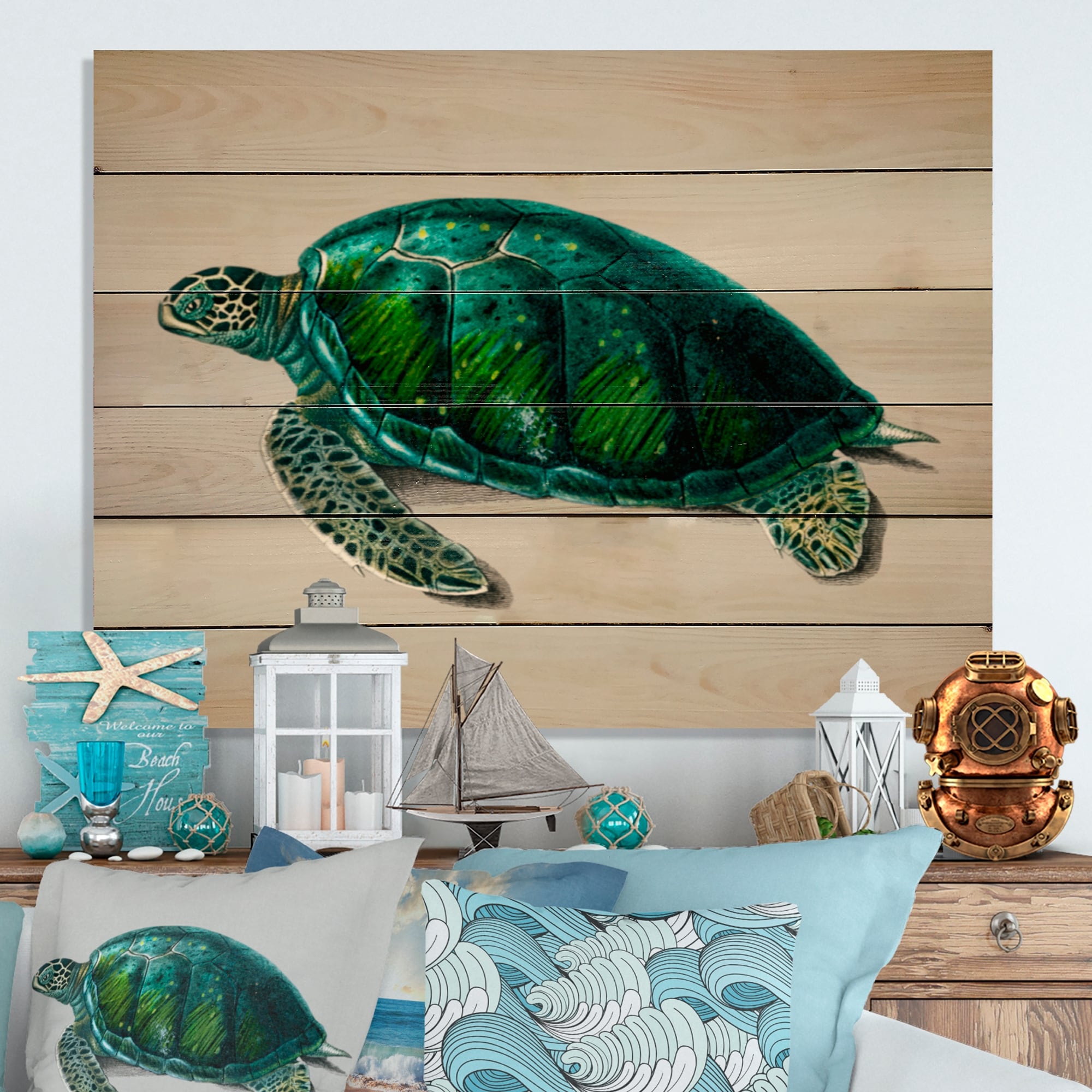 Designart 'Vintage Green Sea Turtle' Traditional Wood Wall Art Décor -  Natural Pine Wood