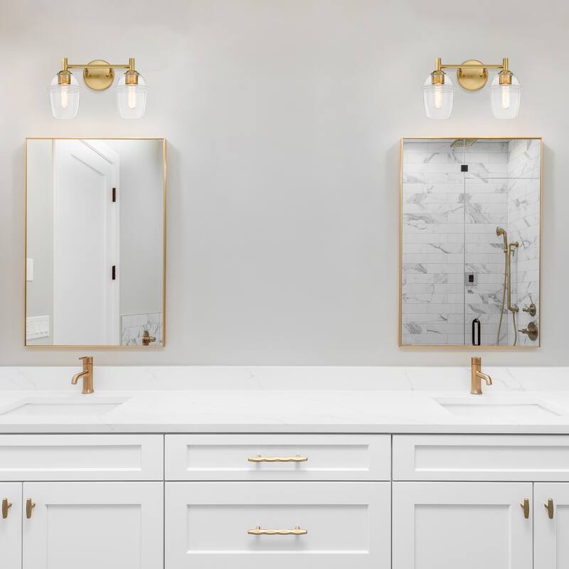 Summer Jazz 16 in. 2-Light Brushed Gold Vanity Light with Clear Glass Shades for Bathrooms
