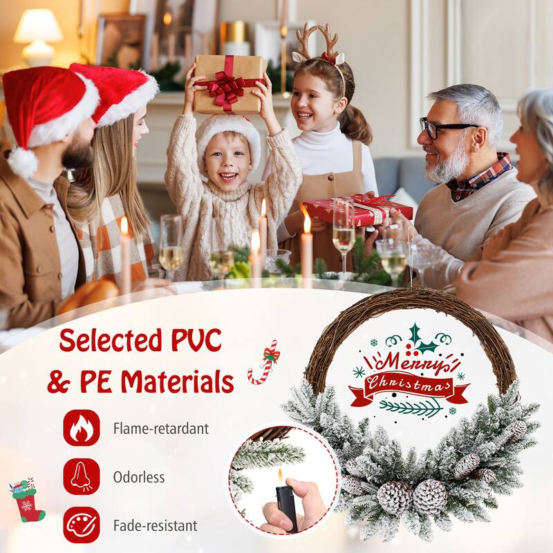 Gymax 2PCS 24'' Christmas Wreath w/65 Branch Tips 8 Natural Pine Cones